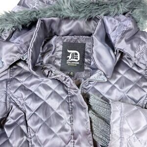 Dollhouse Quilted Puffer Jacket Womens Med Gray Faux Fur Hood Gorpcore Y2K